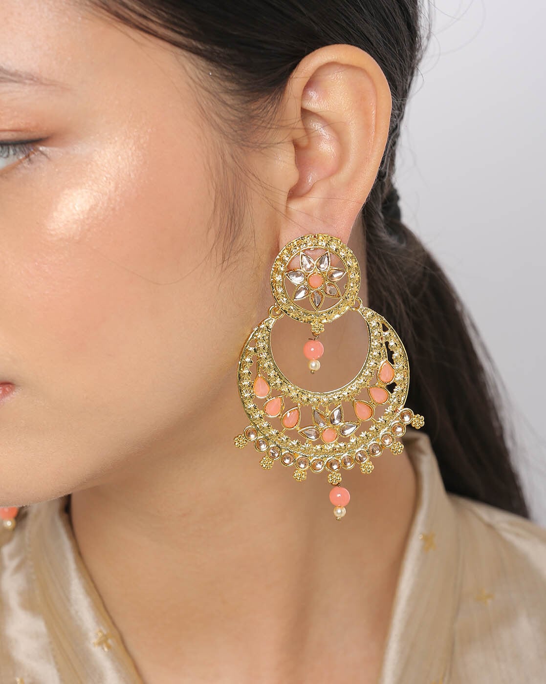 Orange Peach Color Stones On Drop Golden Matt Finish Jhumka Earrings –  Shasmis