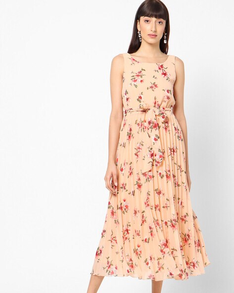 Floral Print A-line Dress with Accordion Pleats