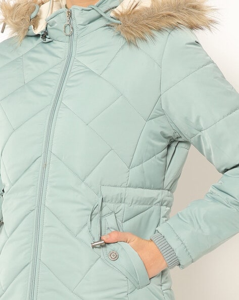 light blue jacket with fur hood