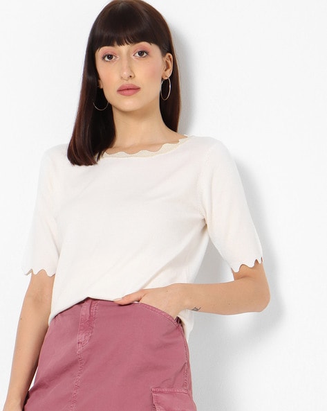 Round-Neck Top with Scallop Detail