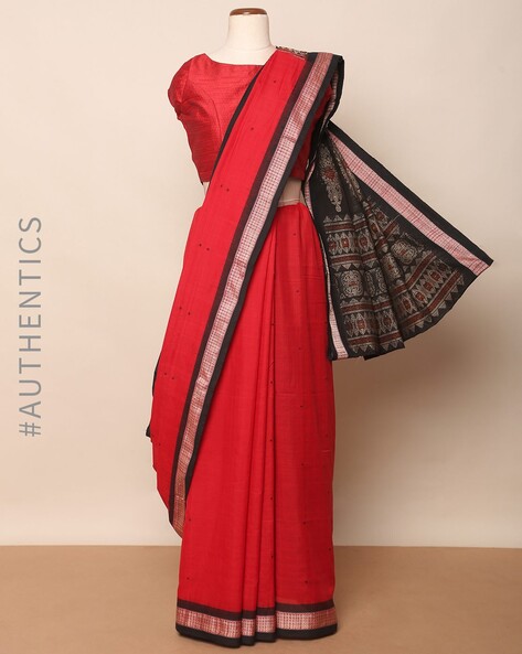 Handloom Maroon Black Boita Bomkai Silk Saree - Sanskriti Cuttack