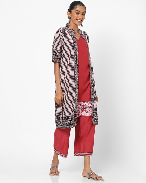Embroidered Ethnic Sleeveless Crop Top Style Kurta Kurti With Printed Palazzo  Pants And Printed Jacket Shrug