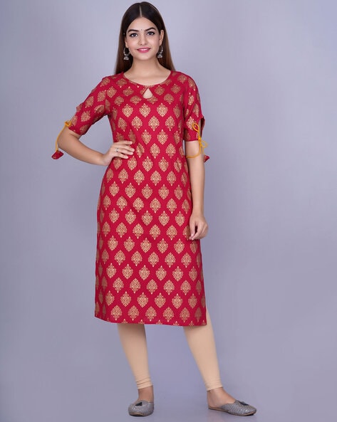Printed Round-Neck Straight Kurta with Tie-Ups