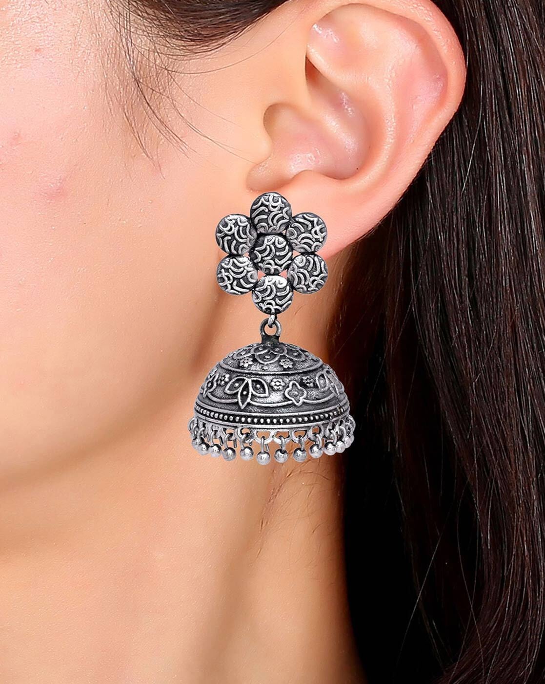 Buy Teejh by Joker and Witch Zarna Silver Oxidised Jhumki Earrings for  Women Online