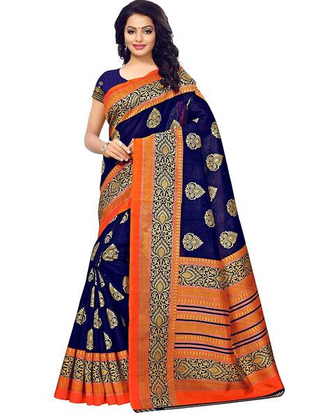 Orange Royal Blue Heavy Border Sari - Saree Blouse Patterns