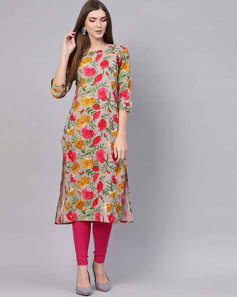 Floral Print Kurta with Teardrop Closure