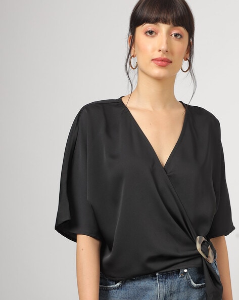 Women Buckle Detailed Black Wrap Top