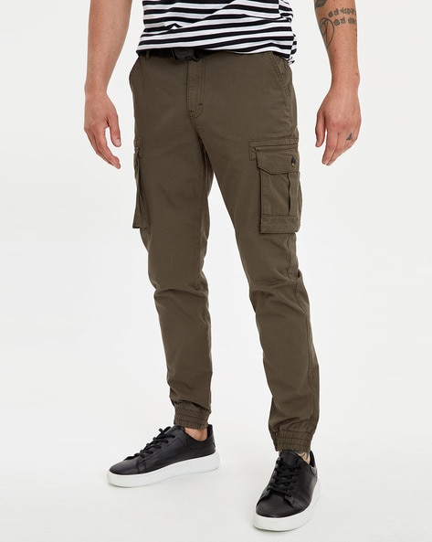 Buy Campus Sutra Mens Sage Green Cuffed Hem Cargo Trousers for Casual Wear   6 Pockets  Regular Fit  Button Closure  Cotton Poly Cargo Pant Crafted  with Comfort Fit for
