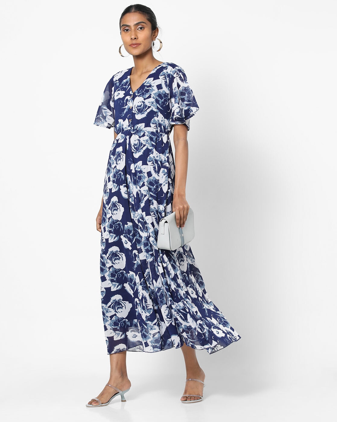 blue rose print dress