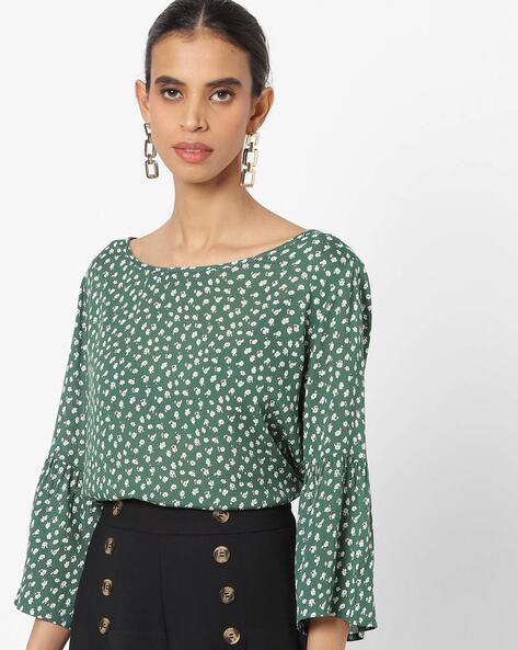 Micro Print Top with Bell Sleeves