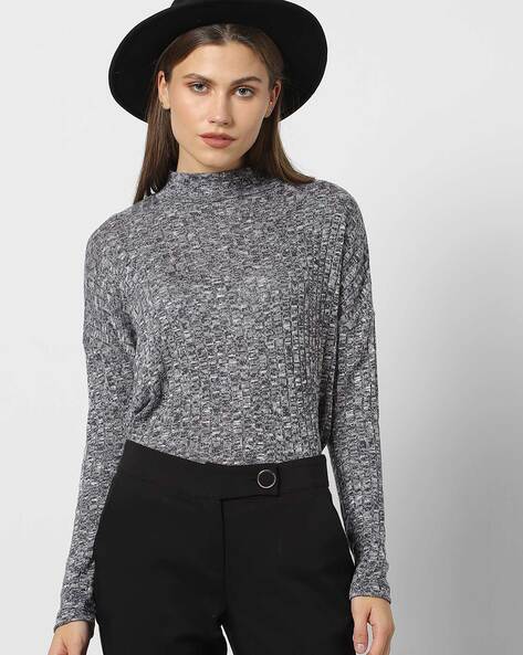 Women Flat-Knit High-Neck Blue T-shirt