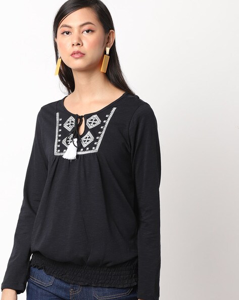 Embroidered Top with Tie-Up Neckline