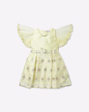 Floral Jacquard-Woven A-line Dress with Angel Sleeves-image-25