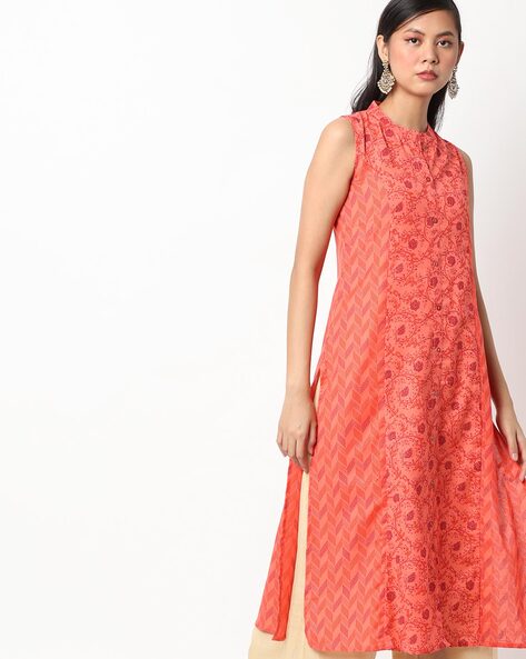 Floral Print Sleeveless Straight Kurta