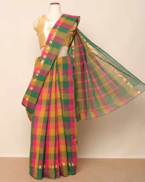 Checked and Multicoloured Striking Soft Silk Saree | Pink blouse designs, Saree  blouse designs latest, Checks saree