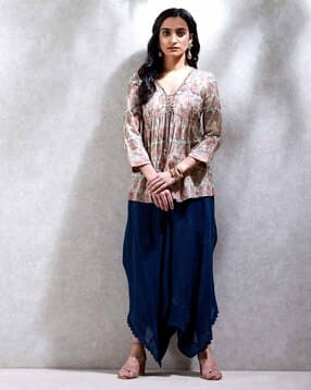 ritu kumar Floral Print A-line Kurti with Tasseled Tie-Up-picture-5