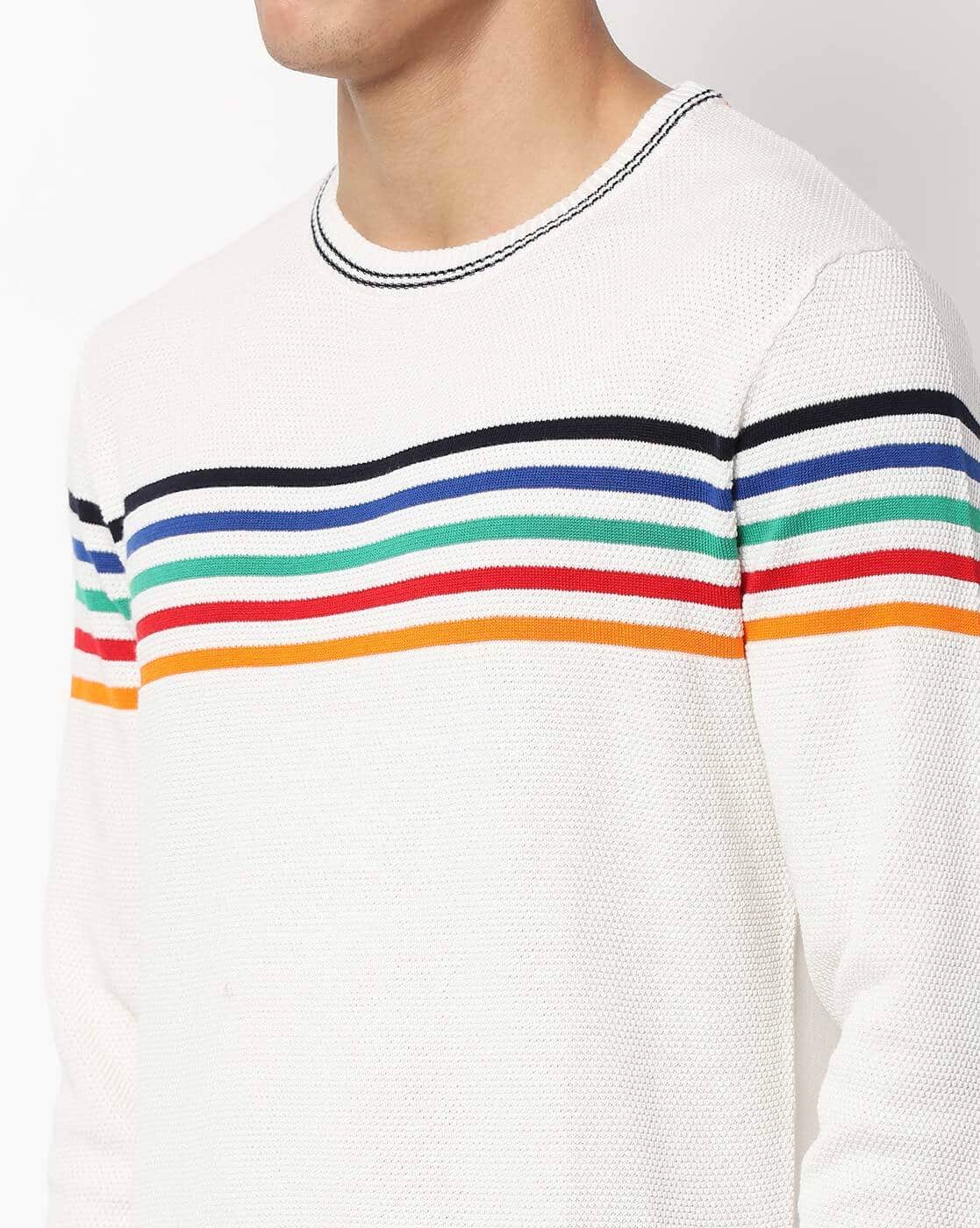 White Mens Rainbow Striped Sweater Stripe-Knit Round-Neck Pullover