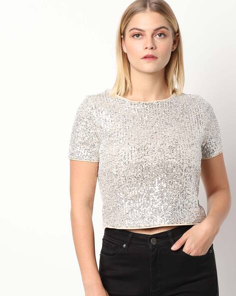 silver sequin top with sleeves