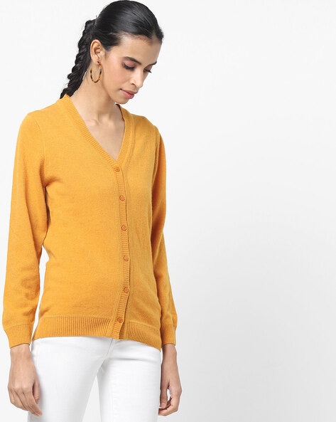 Mustard v shop neck cardigan