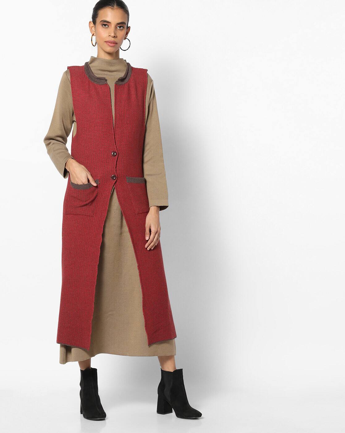 red sleeveless cardigan