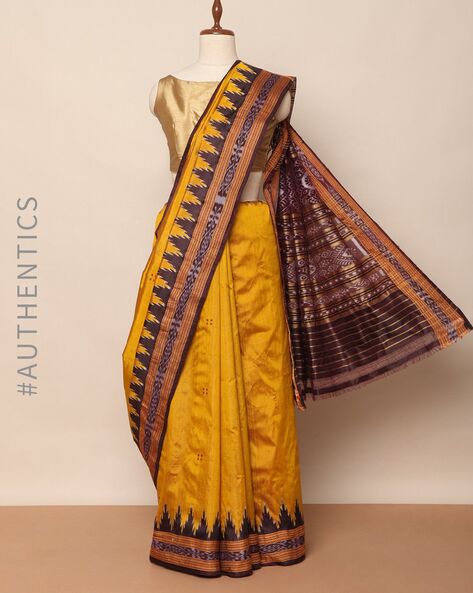 Orange yellow with navy blue silk handloom bomkai saree – GoCoop