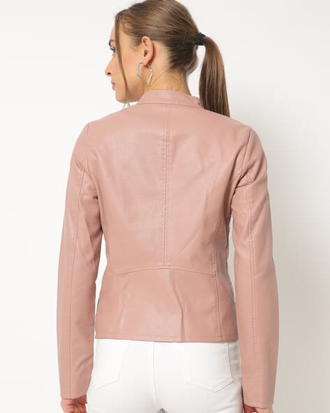 pink collarless jacket