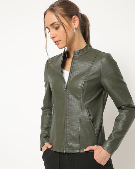 Green Full Sleeve Biker Jacket