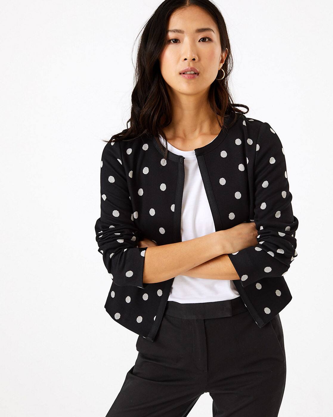 white polka dot jacket