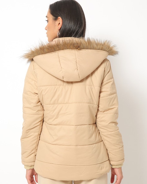 beige fur hooded coat