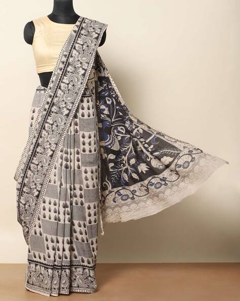 Malkha Natural Dyed Handlooms -KALAMKARI SAREE : KORA : DARK INDIGO :  CEMENT GRAY - Malkha Marketing Trust