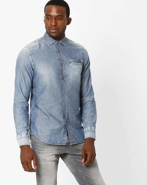 Garcia Jeans Men's Western Denim Shirt Two Pocket Long Sleeve Size S Blue |  eBay