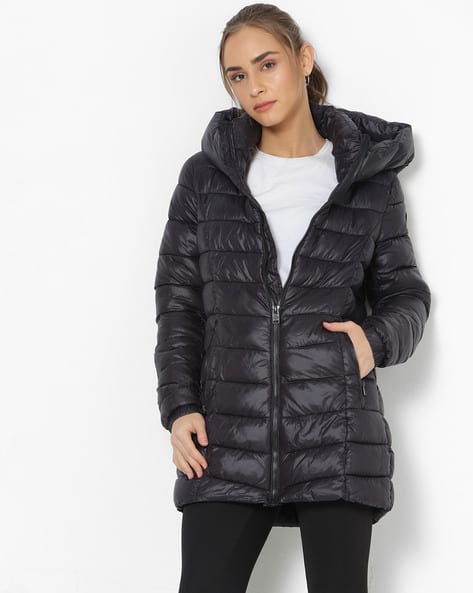 Buy womens hooded black puffer jacket 
