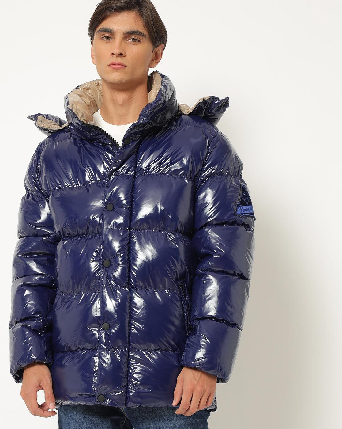 navy blue puffer jacket with hood