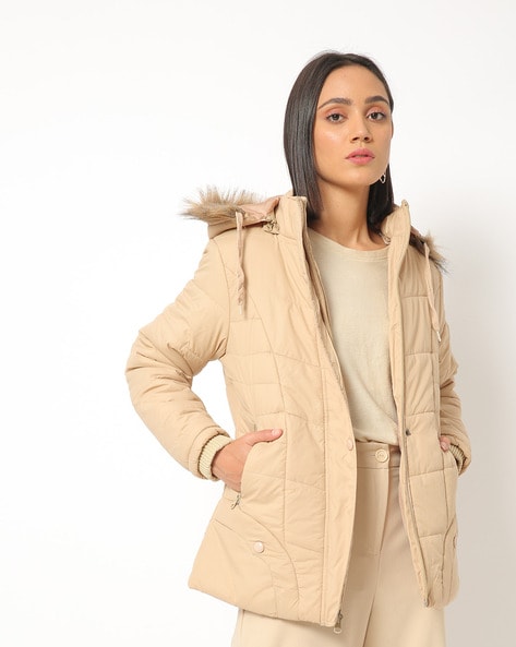Beige Jackets Coats For Women By, Beige Puffer Coat With Fur Hood