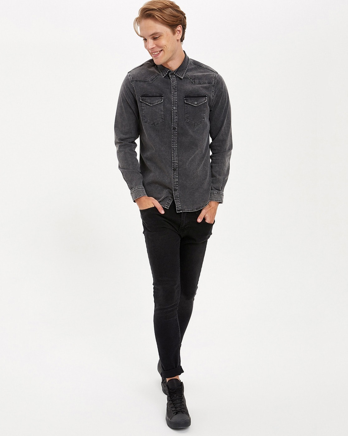 Men Navy Denim Oversized Shirt