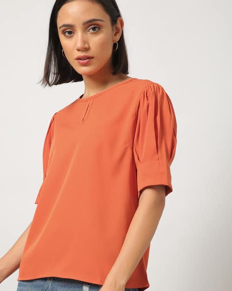 Women Keyhole Neck Puff Sleeves Orange Top