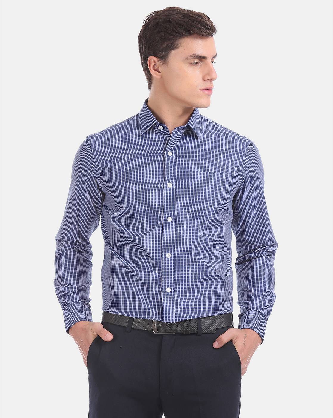 navy blue check shirt formal