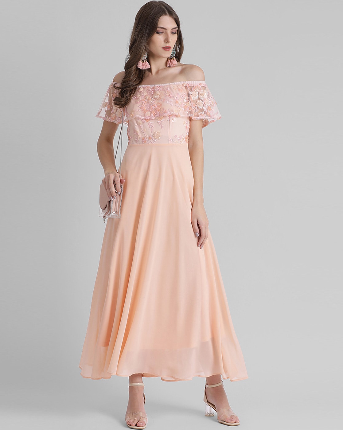 Buy Peach Off Shoulder Maxi Dress Online - Label Ritu Kumar International  Store View