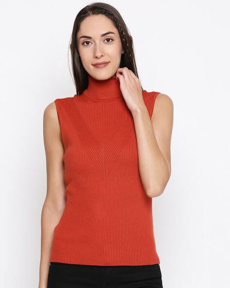 orange sleeveless turtleneck