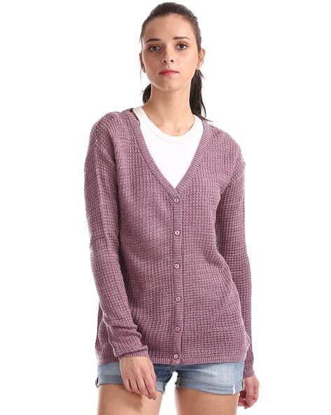 Waffle-Knit Button-Down V-neck Cardigan