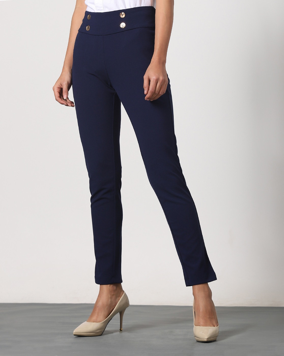 Women High-Rise Slim Fit Cropped Navy Blue Pants