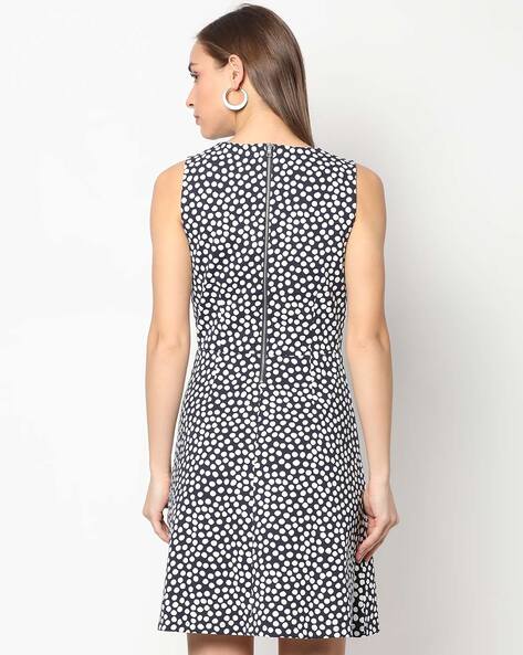 Polka Dot Print Sleeveless Skater Dress with Back Zipper