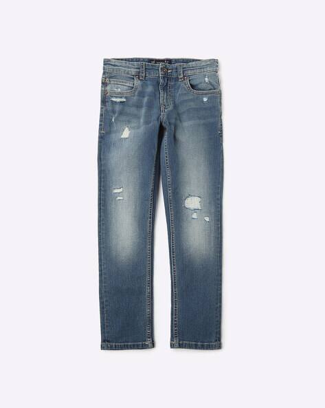 Mid-Wash Distressed Slim Fit Jeans