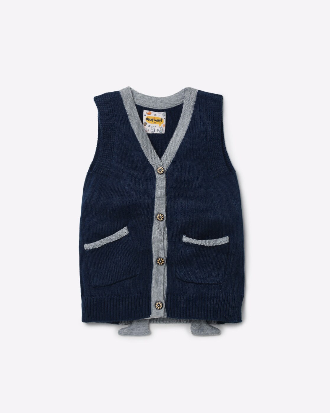 blue sleeveless cardigan