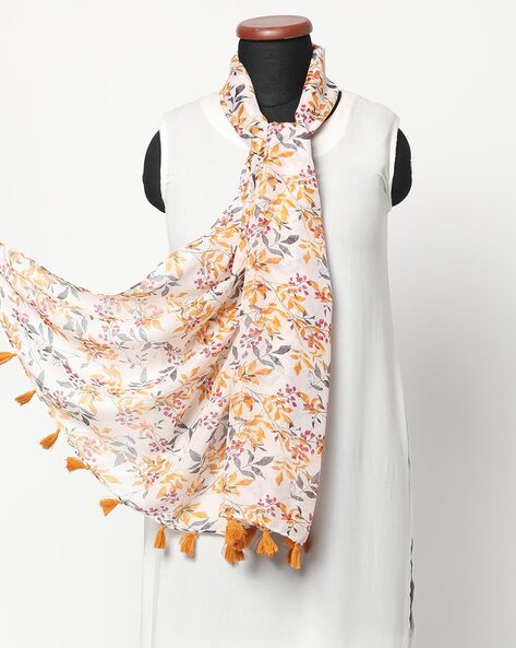 Leaf Print Stole with Tasselled Hem Price in India