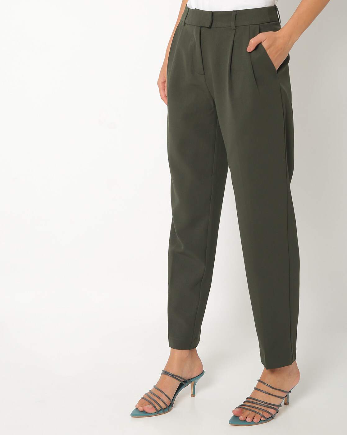 Buy Online Women Black Solid HighRise Pleated Trousers at best price   Plussin