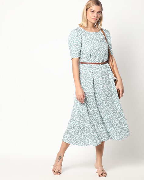 Floral Print Midi A-line Dress with Belt