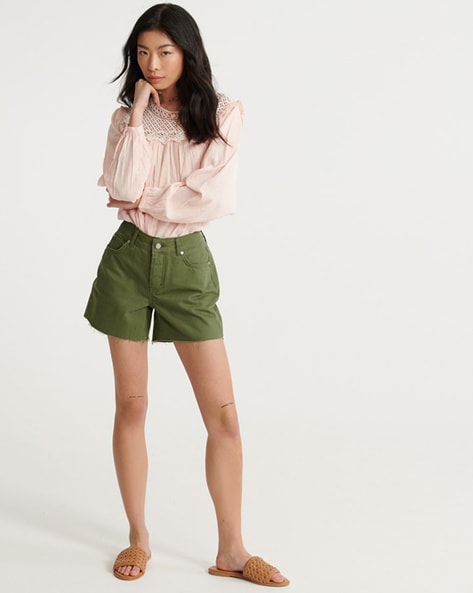 Mid-Rise Denim Shorts with Frayed Hem