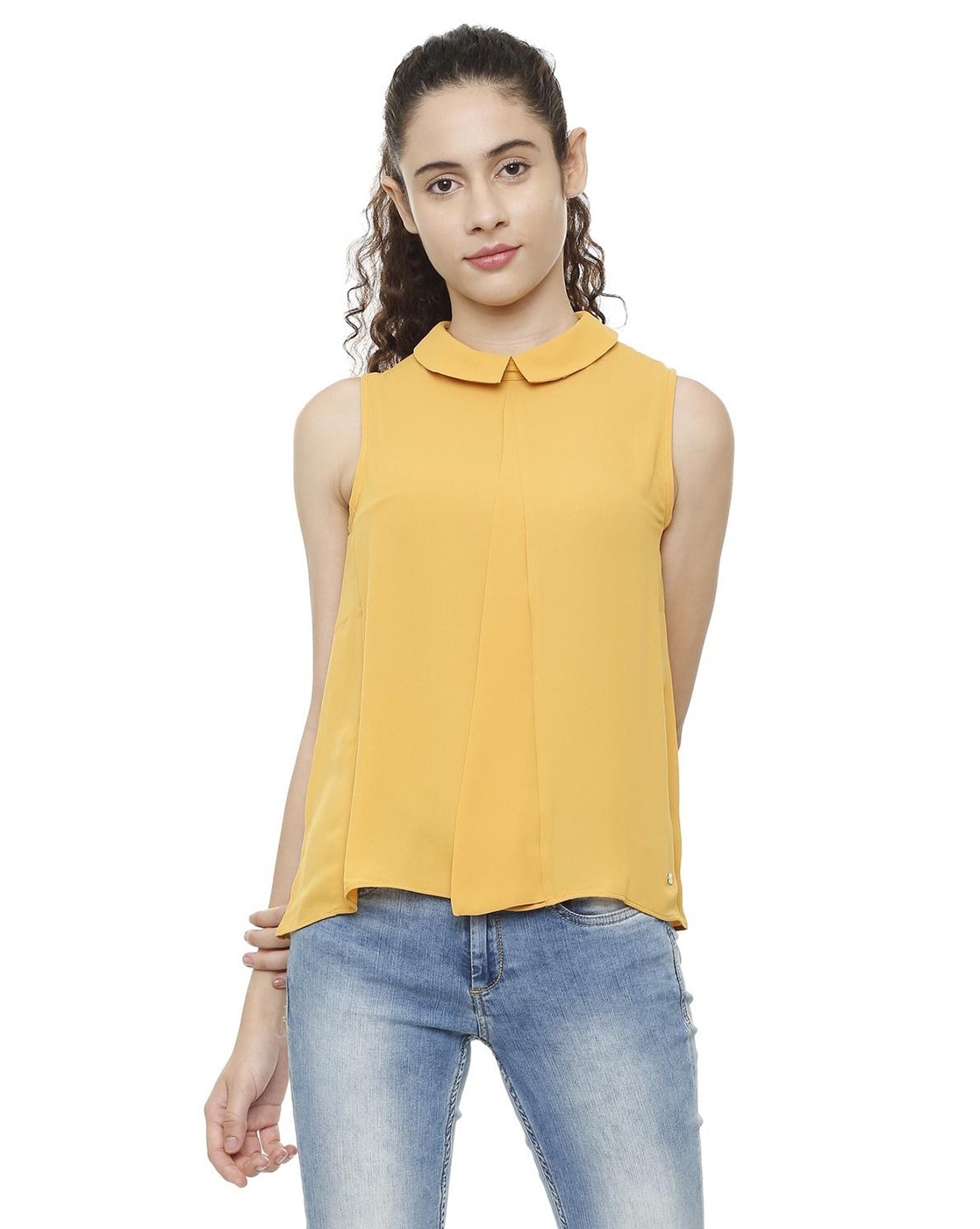 women yellow peter pan collar shirt