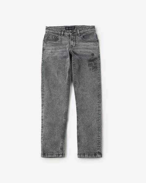 Acid-Wash Jeans with Text Print